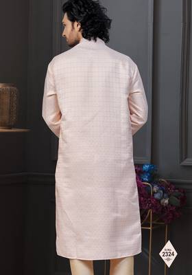 Peach banarasi jackard kurta and pajama for mens 3