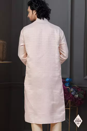 Peach banarasi jackard kurta and pajama for mens
