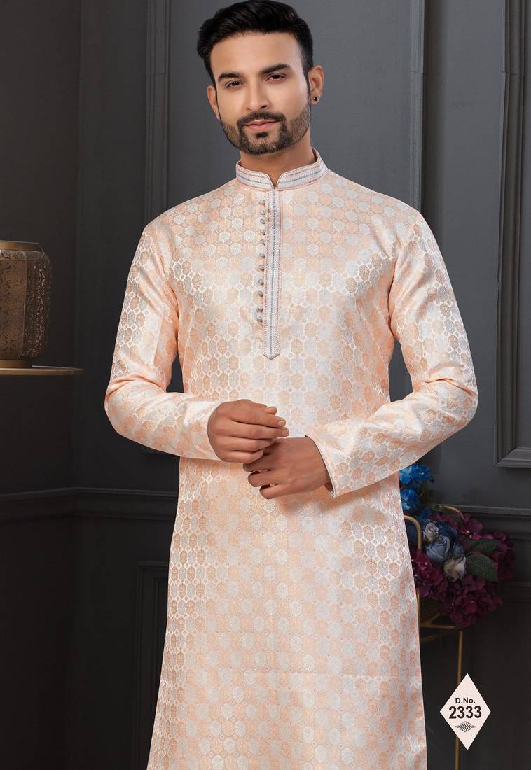 Light orenge & cream imported jackard kurta and pajama for mens