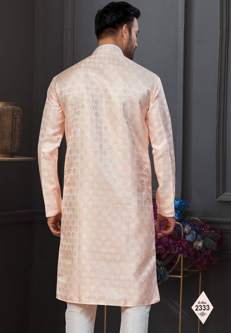 Light orenge & cream imported jackard kurta and pajama for mens