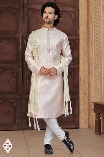 Light peach imported jackard kurta and pajama for mens