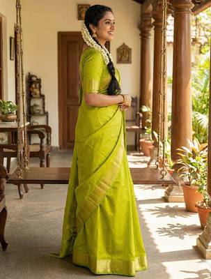 olive art silk saree with blouse piece 2