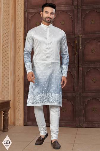 Blue & off white pewor silk kurta and pajama for mens