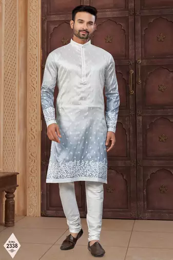 Blue & off white pewor silk kurta and pajama for mens