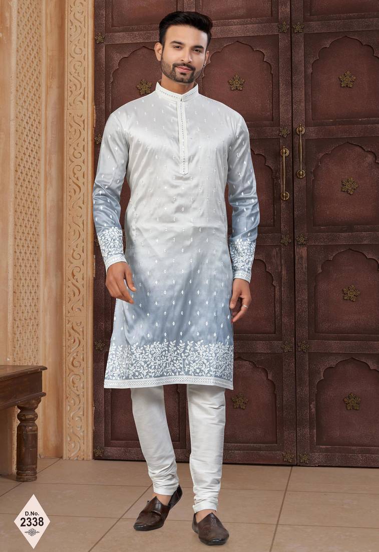 Blue & off white pewor silk kurta and pajama for mens