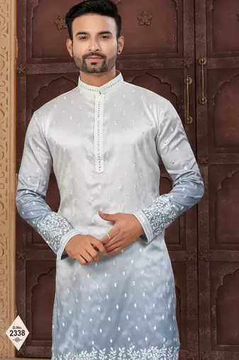 Blue & off white pewor silk kurta and pajama for mens