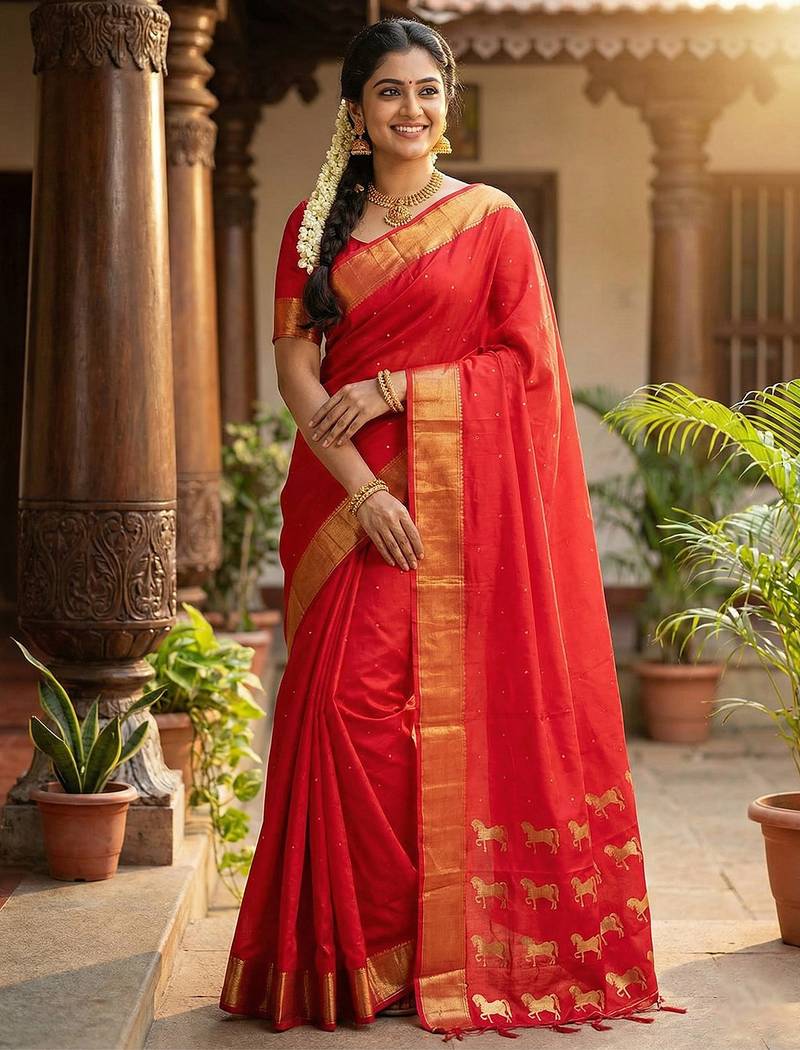red art silk saree with blouse piece