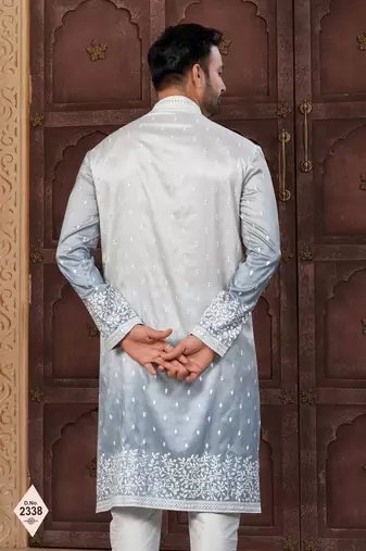 Blue & off white pewor silk kurta and pajama for mens