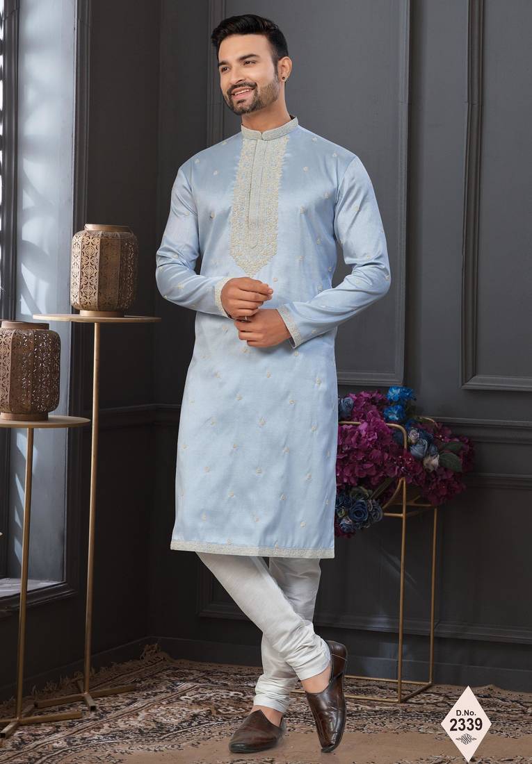 Light sky blue pewor silk kurta and pajama for mens