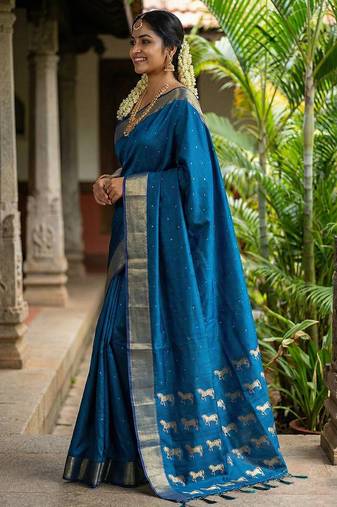 teal art silk saree with blouse piece