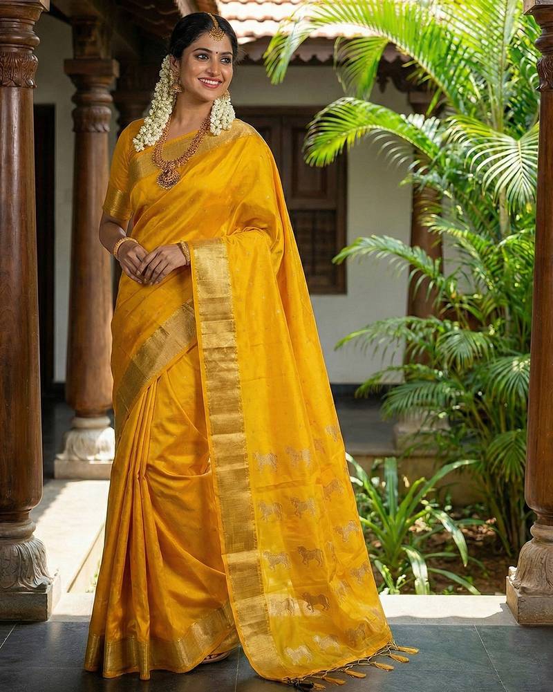 yellow art silk saree with blouse piece