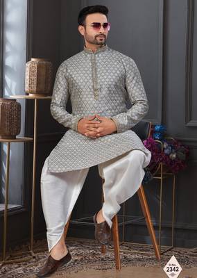 Gray  banarasi jackard kurta and pajama for mens 1