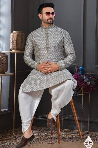 Gray  banarasi jackard kurta and pajama for mens