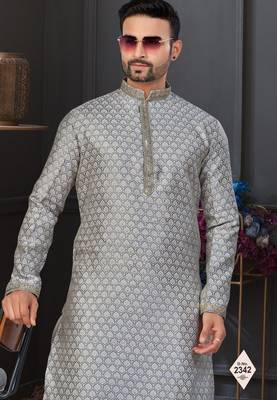 Gray  banarasi jackard kurta and pajama for mens 2