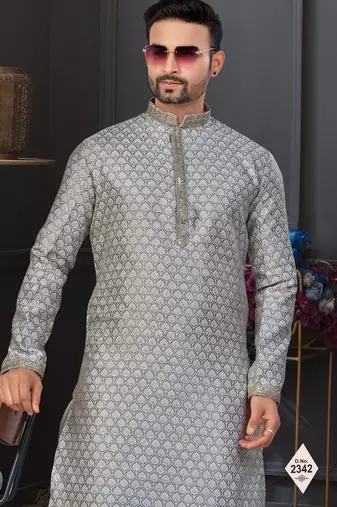 Gray  banarasi jackard kurta and pajama for mens