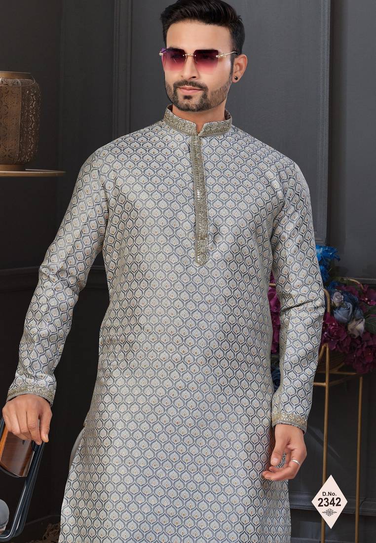Gray  banarasi jackard kurta and pajama for mens