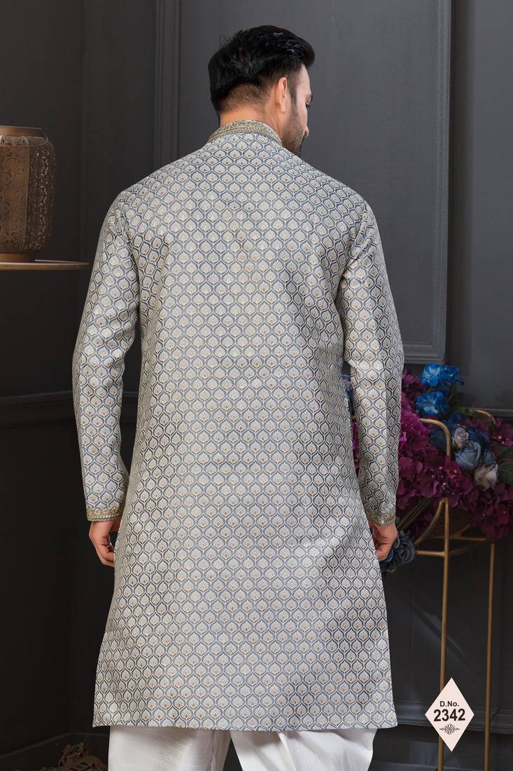 Gray  banarasi jackard kurta and pajama for mens