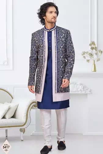 Nevy blue and off white imported silk and banarasi silk indowestern for mens