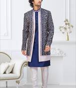 Nevy blue and off white imported silk and banarasi silk indowestern for mens