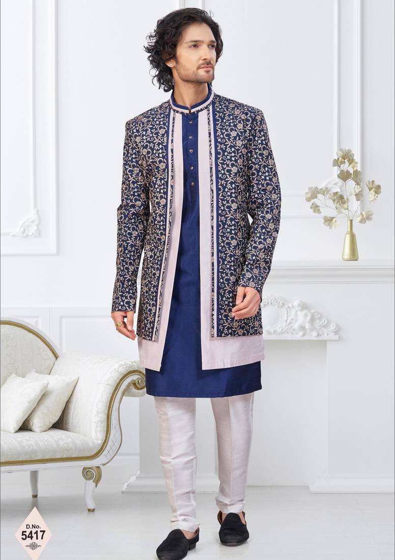 Nevy blue and off white imported silk and banarasi silk indowestern for mens