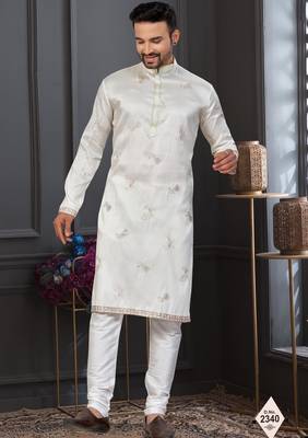 Cream pewor silk kurta and pajama for mens 1
