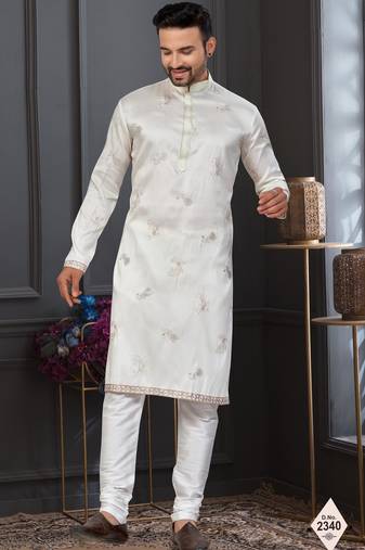 Cream pewor silk kurta and pajama for mens
