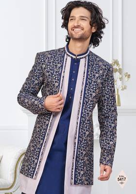 Nevy blue and off white imported silk and banarasi silk indowestern for mens 2