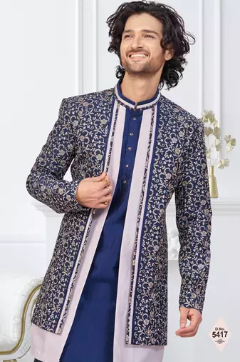 Nevy blue and off white imported silk and banarasi silk indowestern for mens