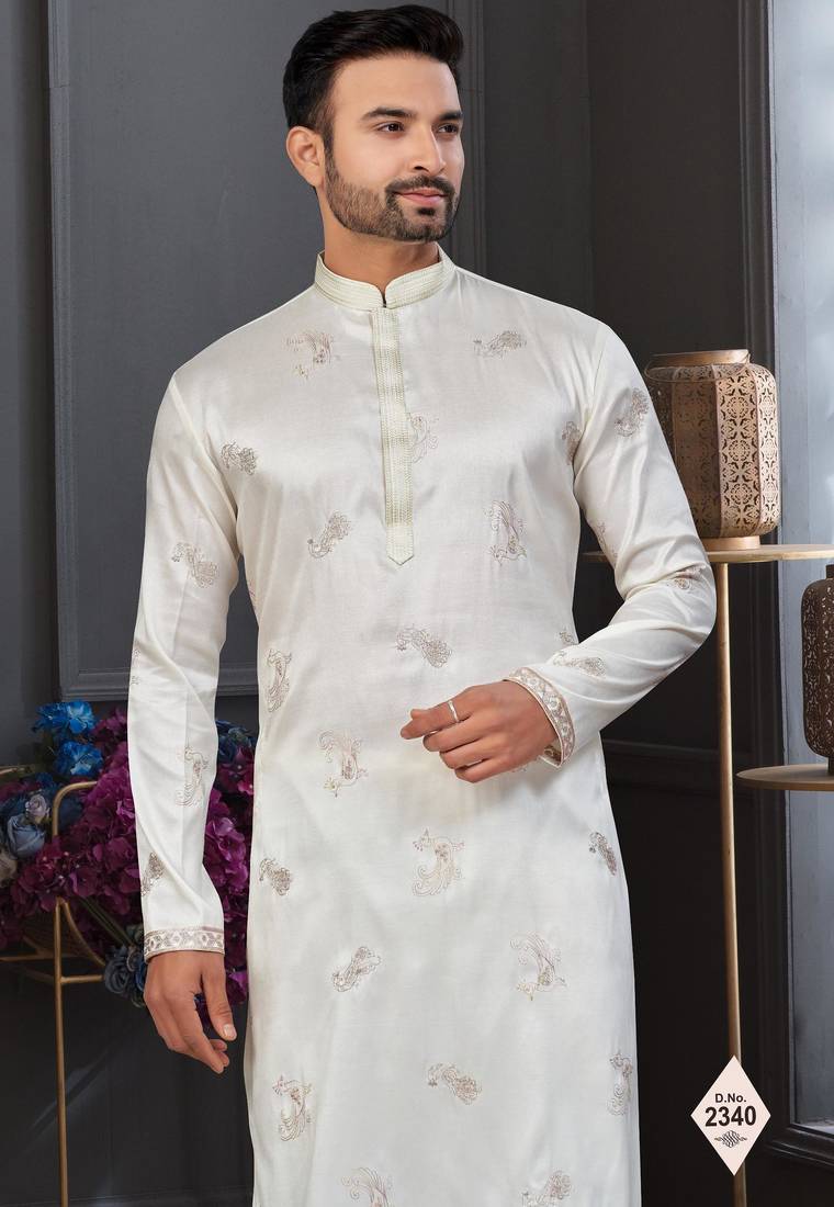Cream pewor silk kurta and pajama for mens
