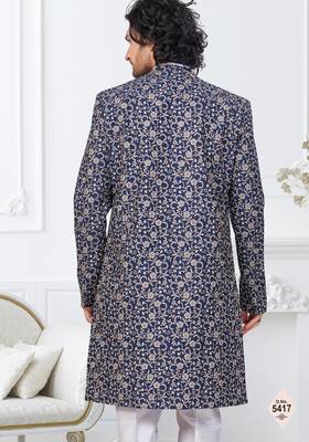 Nevy blue and off white imported silk and banarasi silk indowestern for mens 3