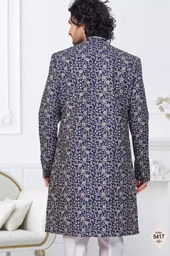 Nevy blue and off white imported silk and banarasi silk indowestern for mens