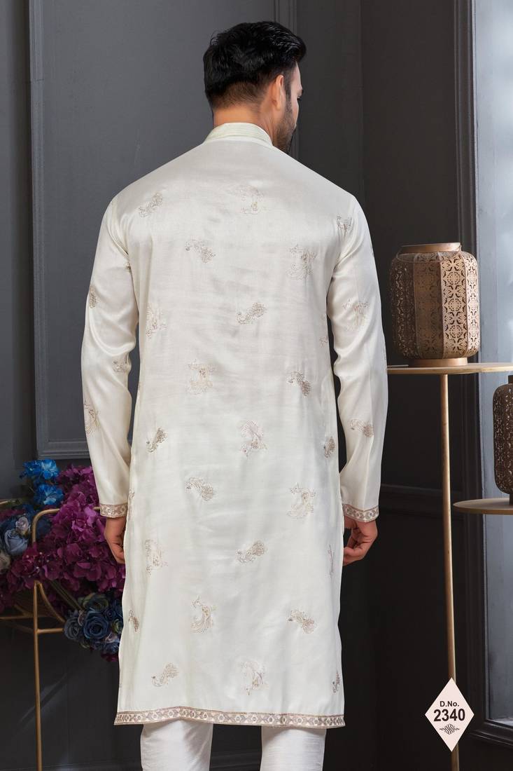 Cream pewor silk kurta and pajama for mens