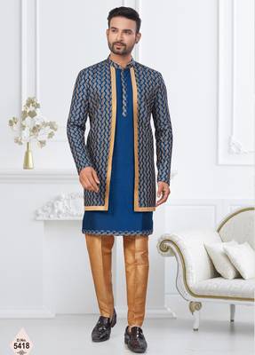 Royal blue and beige  imported silk and banarasi silk indowestern for mens 1