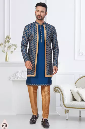 Royal blue and beige  imported silk and banarasi silk indowestern for mens