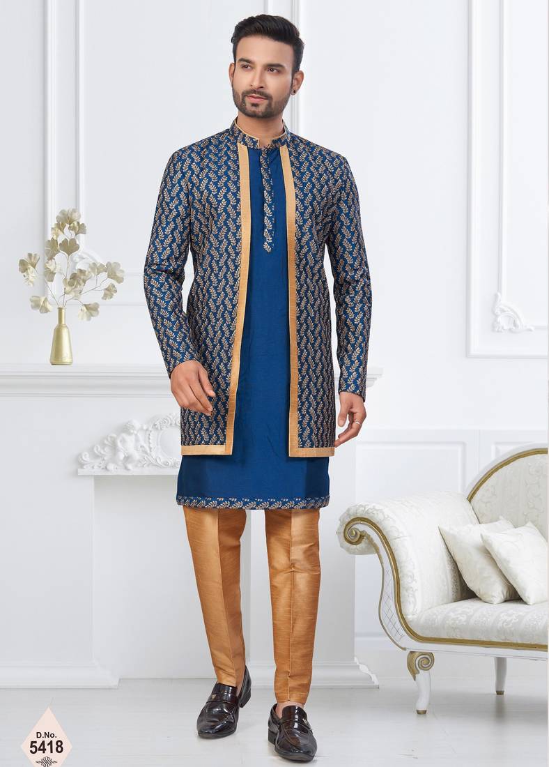 Royal blue and beige  imported silk and banarasi silk indowestern for mens