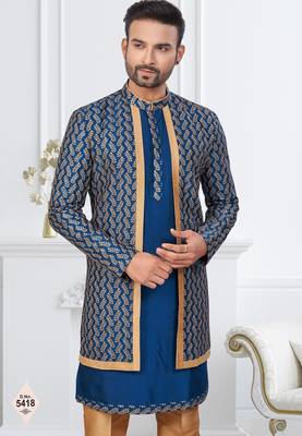 Royal blue and beige  imported silk and banarasi silk indowestern for mens 2