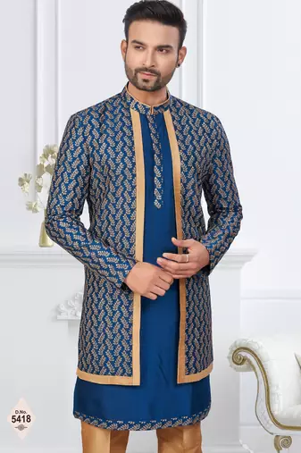 Royal blue and beige  imported silk and banarasi silk indowestern for mens