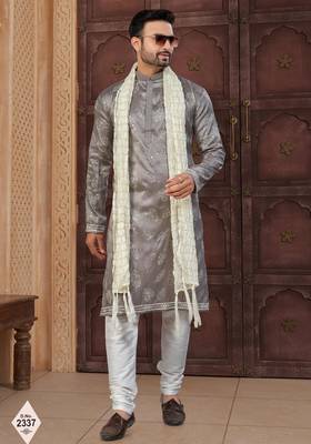 Grey pewor silk kurta and pajama for mens 1