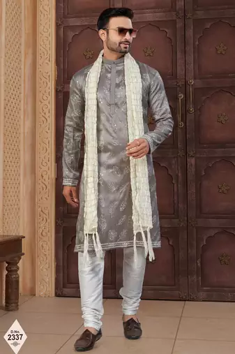 Grey pewor silk kurta and pajama for mens