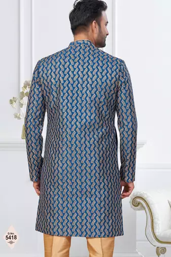 Royal blue and beige  imported silk and banarasi silk indowestern for mens