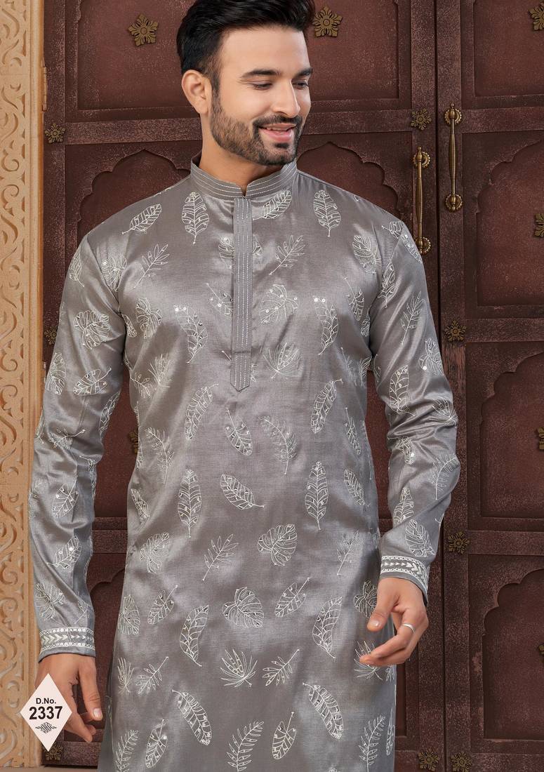 Grey pewor silk kurta and pajama for mens