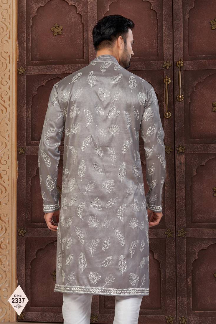 Grey pewor silk kurta and pajama for mens