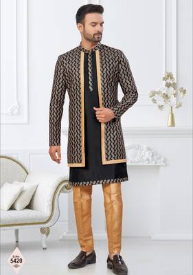Black and beige  imported silk and banarasi silk indowestern for mens 1