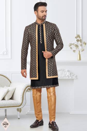 Black and beige  imported silk and banarasi silk indowestern for mens