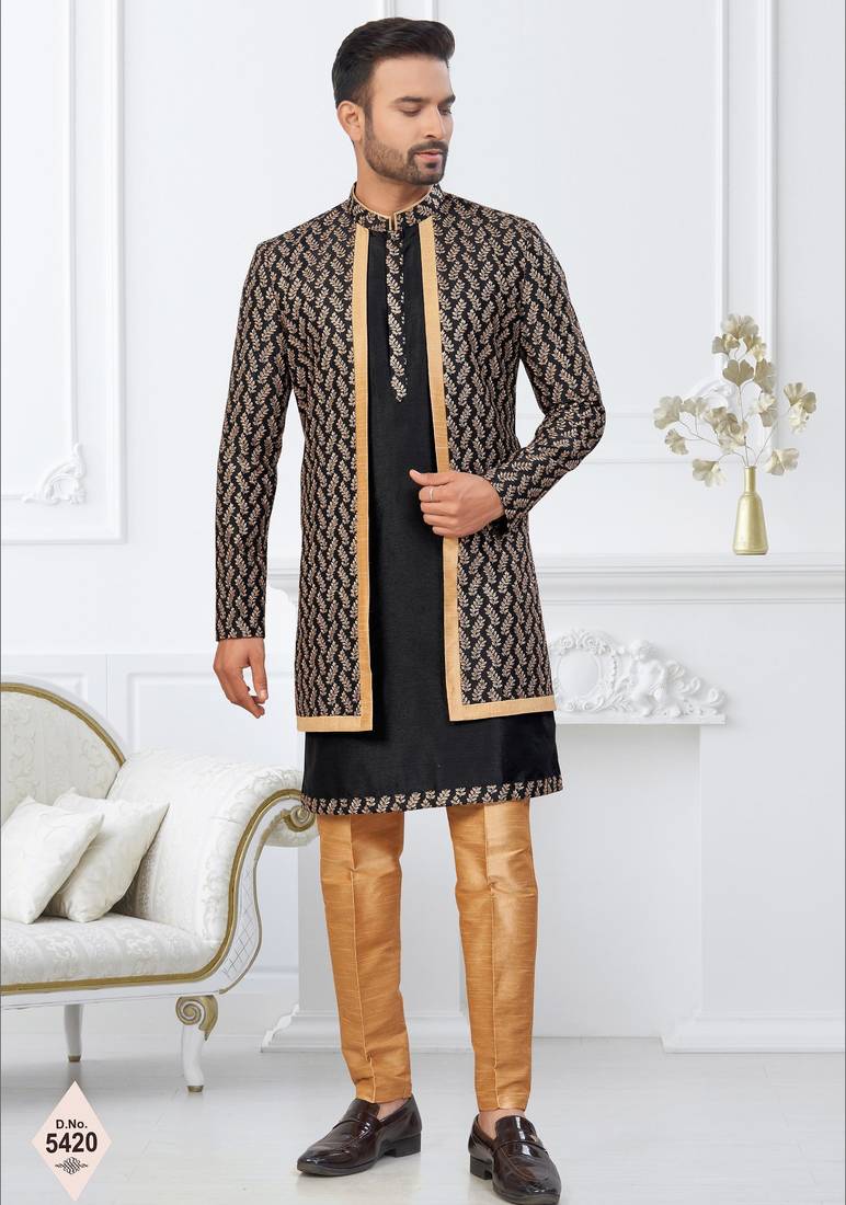 Black and beige  imported silk and banarasi silk indowestern for mens