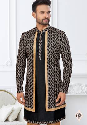 Black and beige  imported silk and banarasi silk indowestern for mens 2
