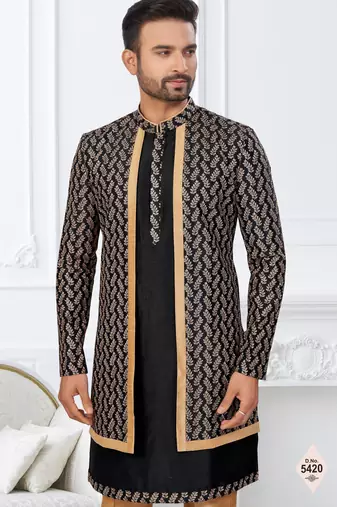 Black and beige  imported silk and banarasi silk indowestern for mens