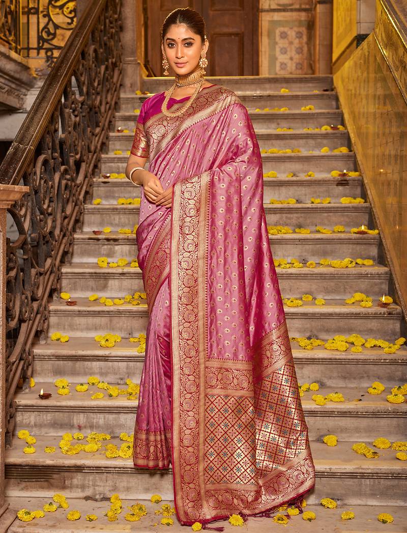pink banarasi saree with blouse piece 