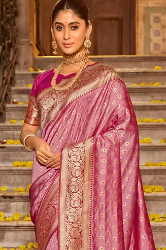pink banarasi saree with blouse piece 