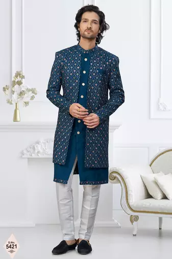 Teal blue imported shoft silk indowestern for mens